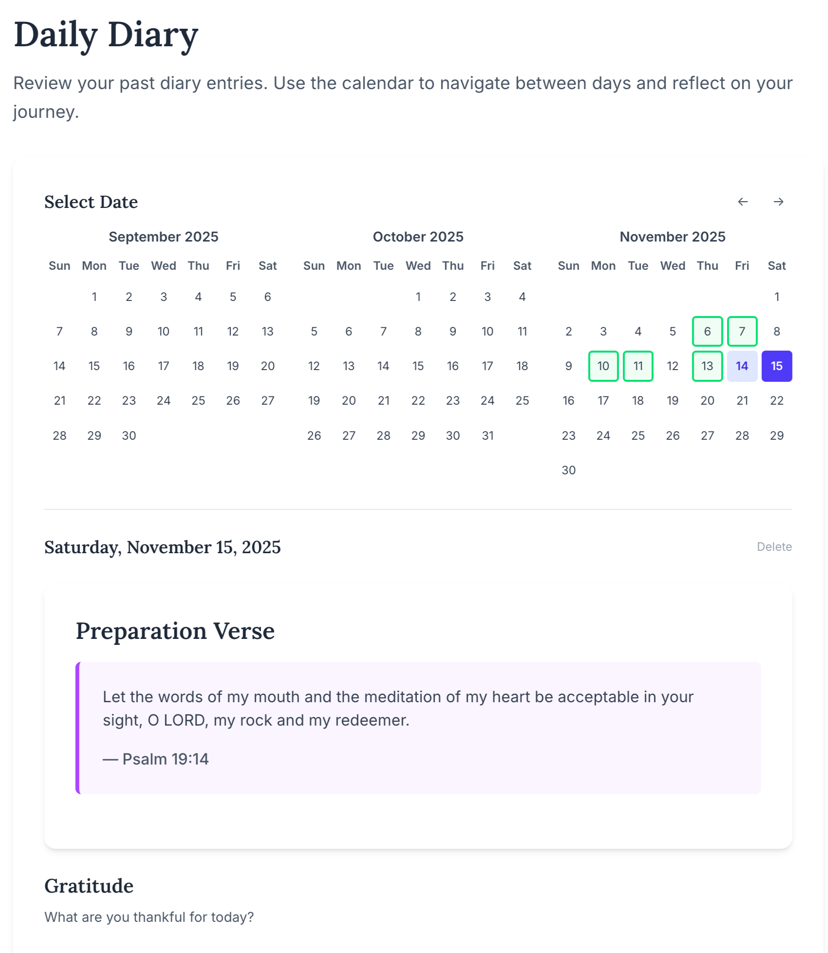 Diary archive page showing calendar view of entries