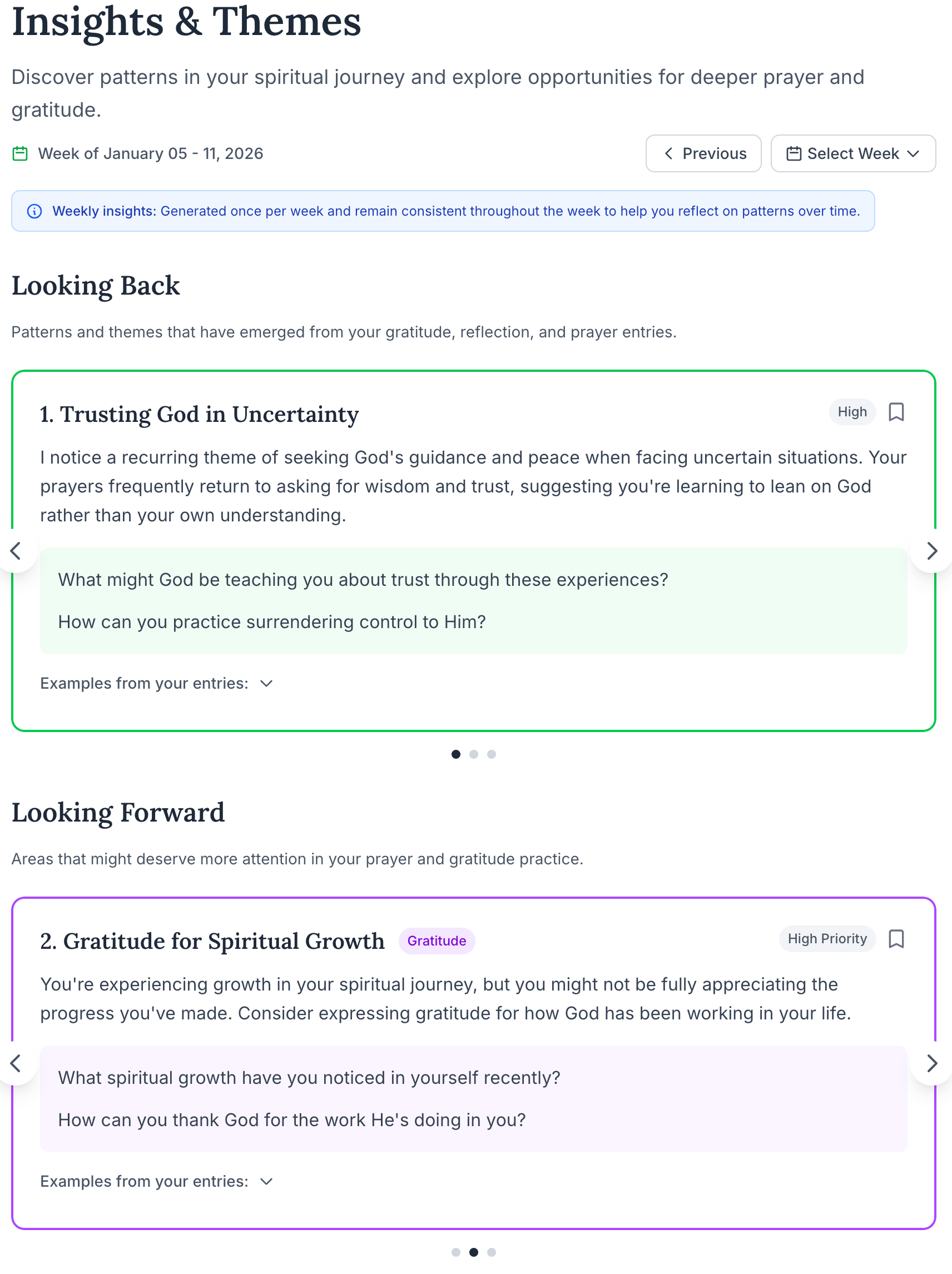 Insights page showing weekly themes and patterns