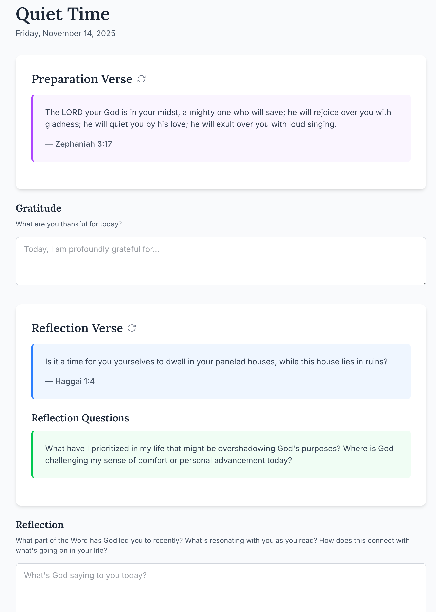 Quiet Time page showing daily scripture and journaling